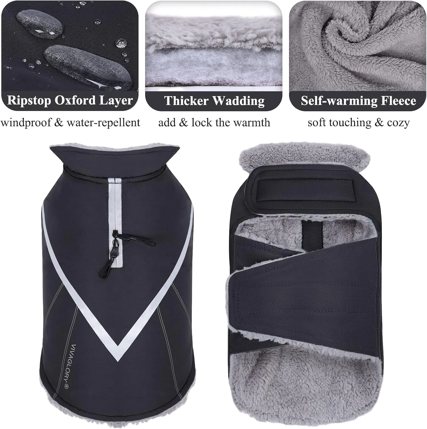 VIVAGLORY Cozy Water-Repellent Windproof Dog Vest Winter Coat, Warm Pet Apparel for Cold Weather Dog Jacket for Small Medium Dogs with Furry Collar, Black, M