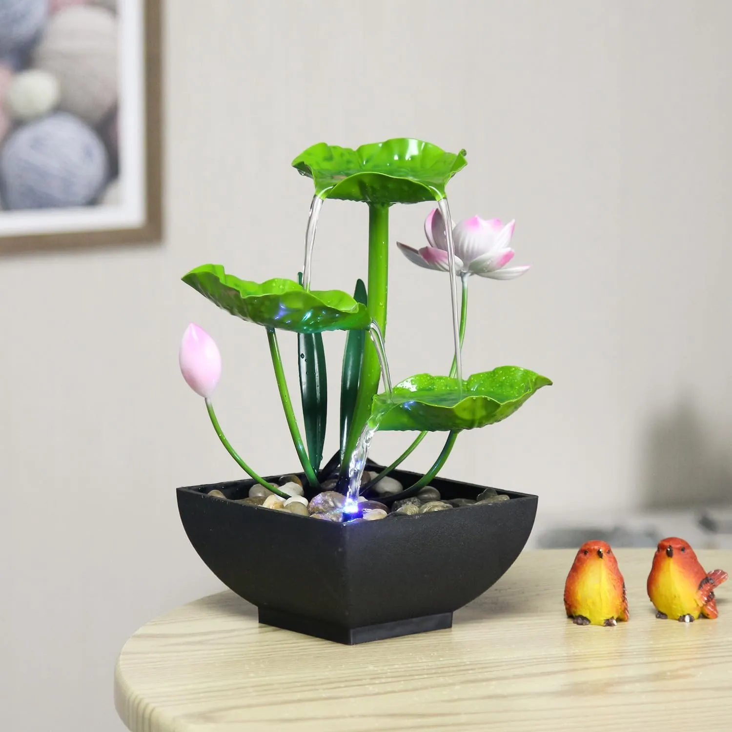 Water Fountain Indoor Waterfall Fountain 3-Tier Tabletop Fountain Lotus Desk Relaxation Home Decor Including Lots of Rocks and Soothing Sound Machine (Green 2)