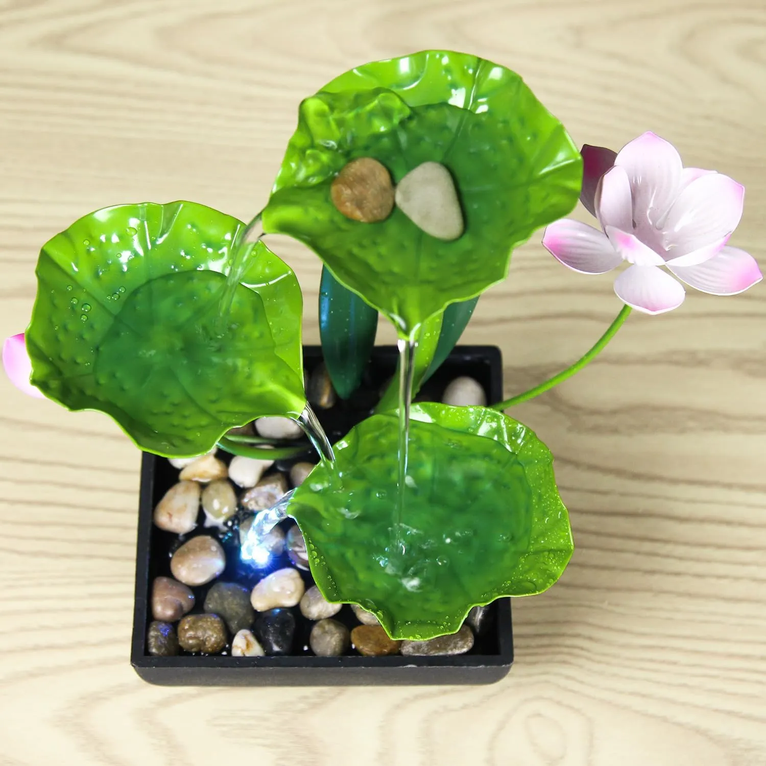 Water Fountain Indoor Waterfall Fountain 3-Tier Tabletop Fountain Lotus Desk Relaxation Home Decor Including Lots of Rocks and Soothing Sound Machine (Green 2)