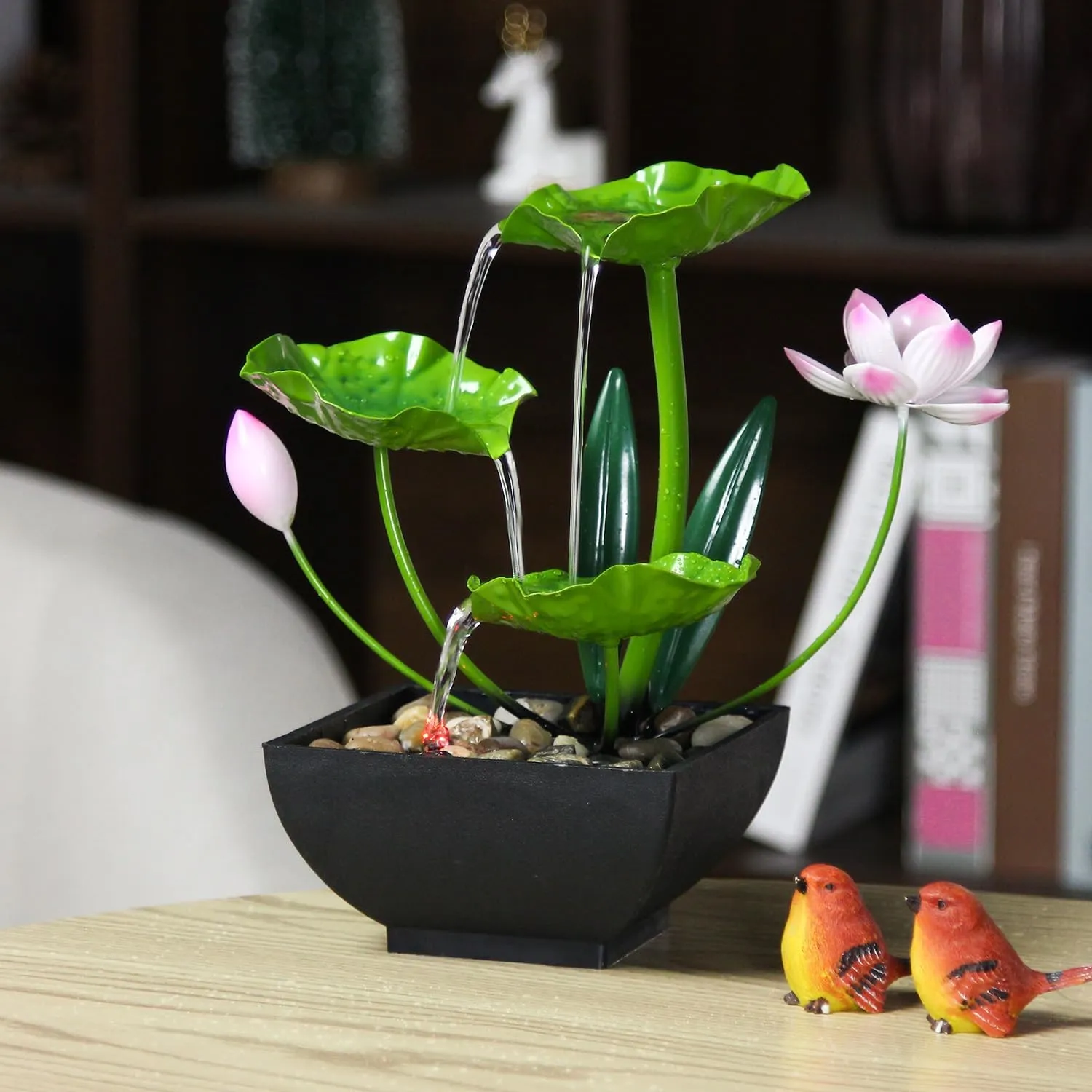 Water Fountain Indoor Waterfall Fountain 3-Tier Tabletop Fountain Lotus Desk Relaxation Home Decor Including Lots of Rocks and Soothing Sound Machine (Green 2)