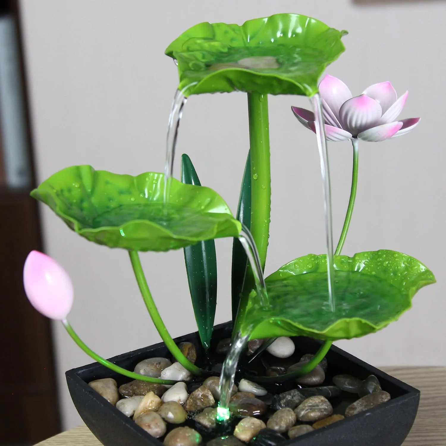 Water Fountain Indoor Waterfall Fountain 3-Tier Tabletop Fountain Lotus Desk Relaxation Home Decor Including Lots of Rocks and Soothing Sound Machine (Green 2)