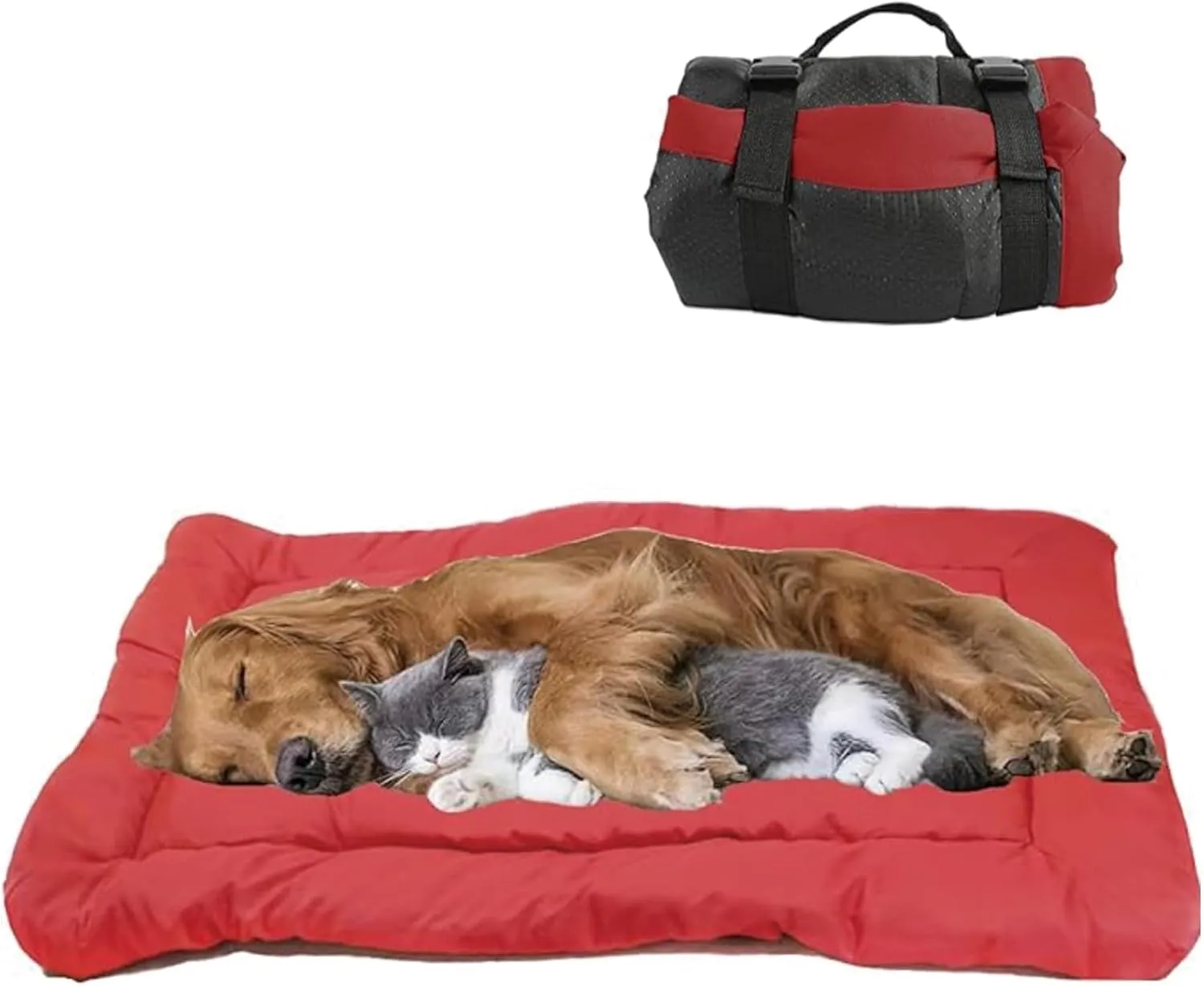 YOFANG Outdoor Travel Dog Bed,Portable Crate Mat Waterproof Anti-Slip, Kennel Pad Washable,Pet Camping Beds Ripstop 1600D Nylon Fabric,Easy to Clean for for Large Medium Dogs or Cats,Red,36"x25"